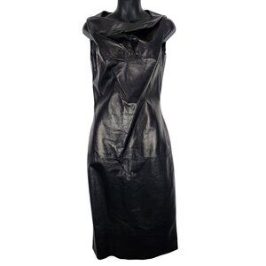 Calvin Klein Collection Ryan Leather Midi Sheath Dress 6 Black Drape‎ Neck NWT